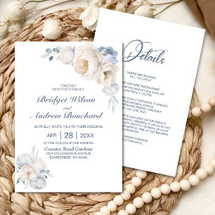 All In One Dusty Blue White Floral Wedding Invitation