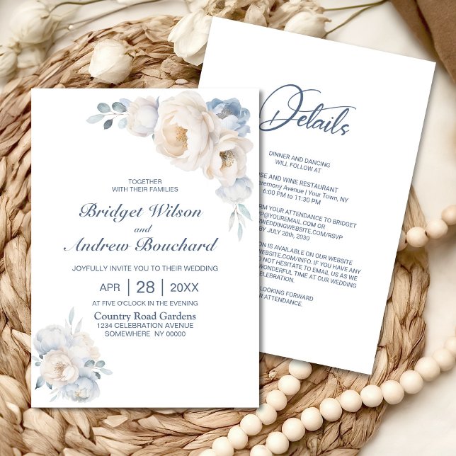 All In One Dusty Blue White Floral Wedding Invitation (Creator Uploaded)