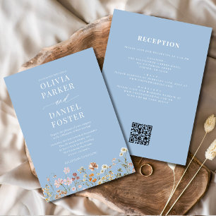 All in One Dusty Blue Wildflower QR Code Wedding  Invitation