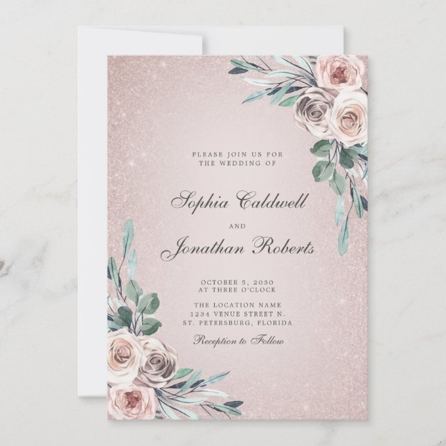 All in One Dusty Pink Roses Boho Glitter Wedding I Invitation (Front)