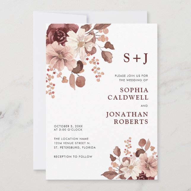 All in One Dusty Rose Eucalyptus Floral Wedding Invitation (Front)