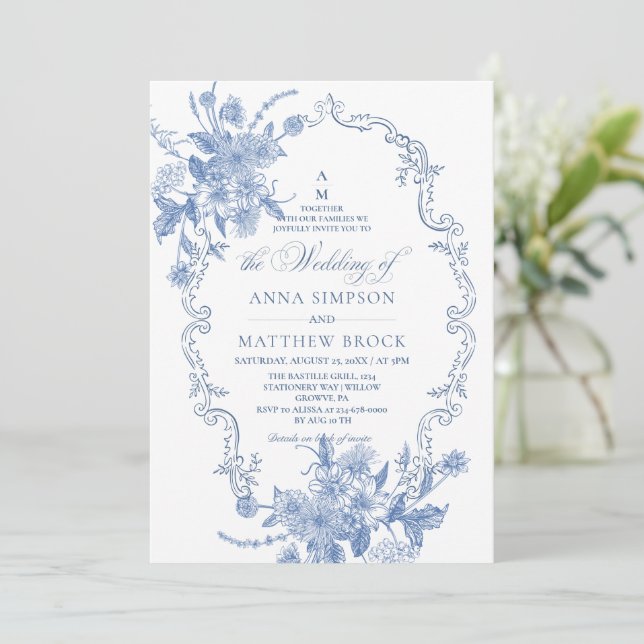 All in One Elegance French Blue Flora Wedding  Invitation (Standing Front)