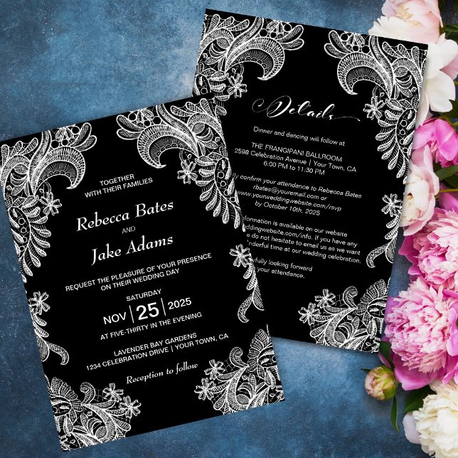 All In One Elegant Black and White Lace Wedding Invitation (Creator Uploaded)