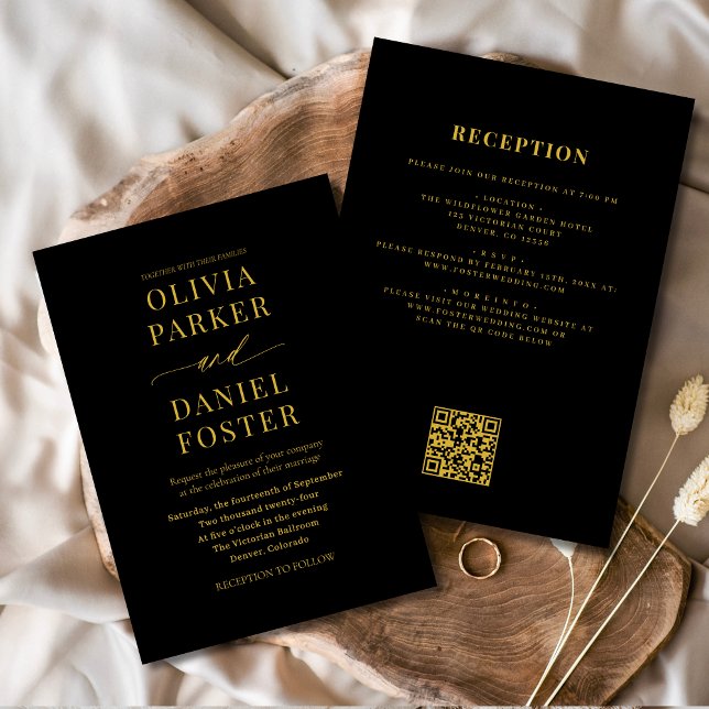 All in One Elegant Black Gold QR Code Wedding Invitation (Creator Uploaded)