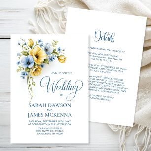 All in One Elegant Blue and Yellow Floral Wedding Invitation