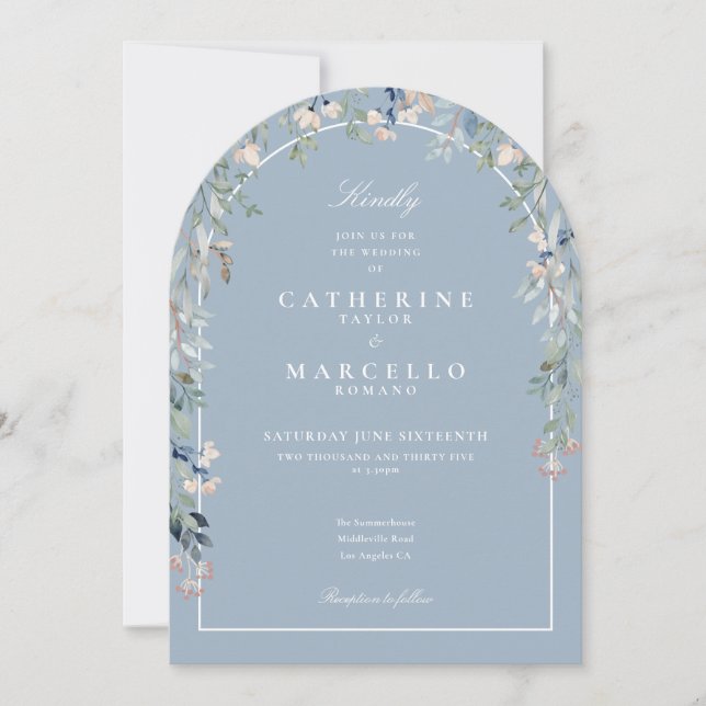 All In One Elegant Dusty Blue Floral Arch Wedding Invitation (Front)
