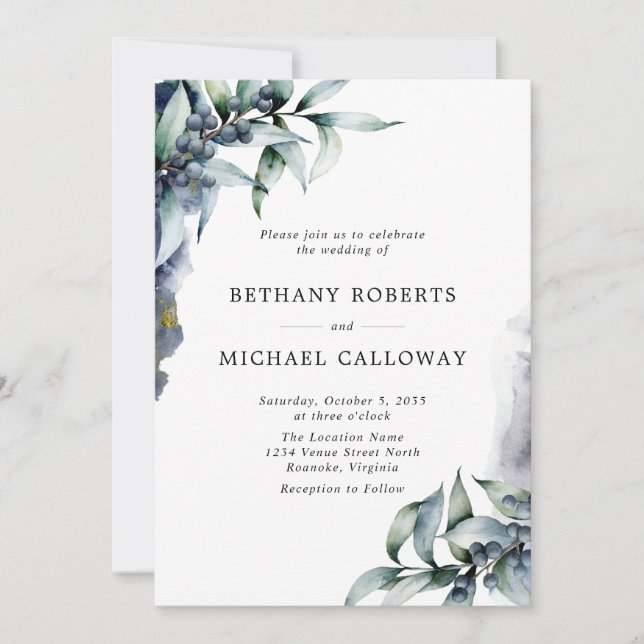 All in One Elegant Eucalyptus and Berry Wedding Invitation (Front)