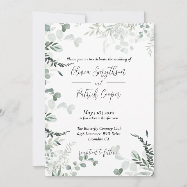 All in one, elegant eucalyptus leaves  Wedding Inv Invitation (Front)