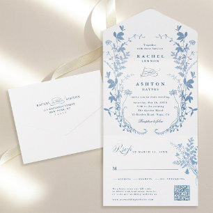 All In One Elegant French Blue Botanical Wedding Invitation