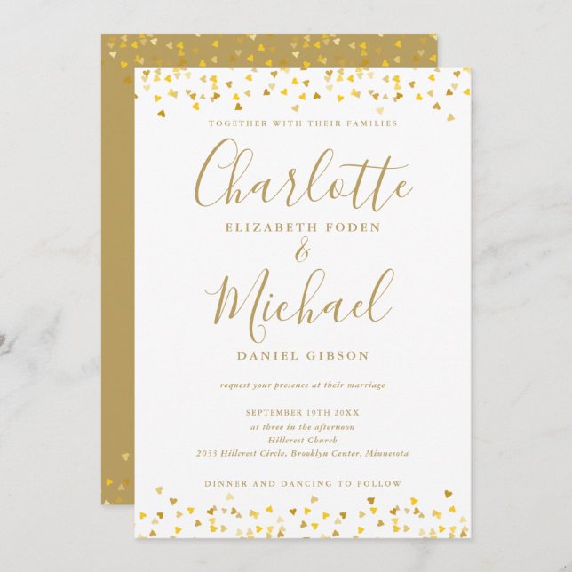 All In One Elegant Gold Hearts Confetti Wedding Invitation (Front/Back)