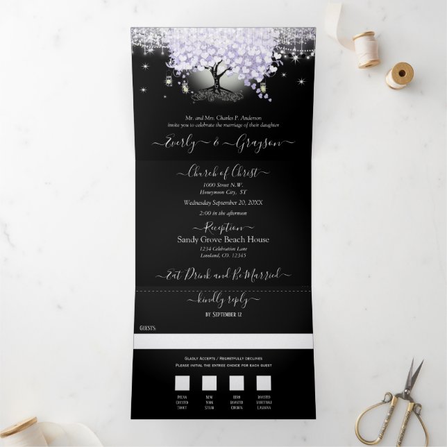 All In One Elegant Lilac Purple Heart Leaf Wedding Tri-Fold Invitation (Inside)