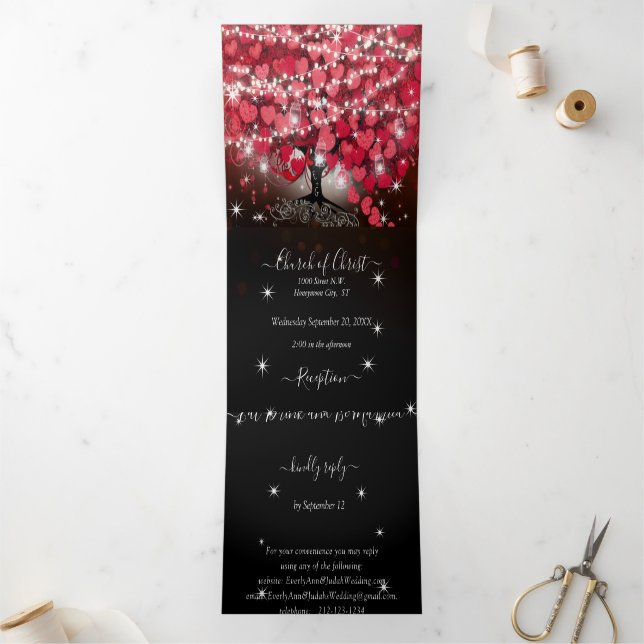 All In One Elegant Red & Pink Heart Leaf Wedding T Tri-Fold Invitation (Inside)