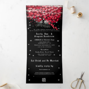 All In One Elegant Red & Pink Heart Leaf Wedding T Tri-Fold Invitation