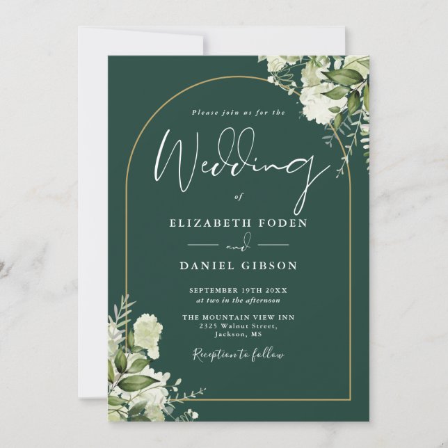 All In One Emerald Greenery Gold Arch Wedding Invitation (Front)