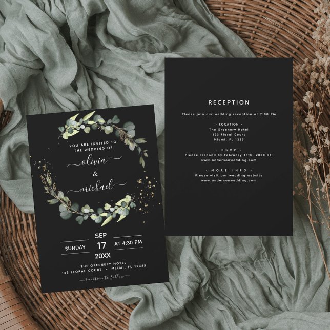 All in One Eucalyptus Black Rustic Wedding Invitation (Creator Uploaded)
