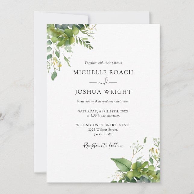 All In One Eucalyptus Greenery Elegant Wedding Invitation (Front)
