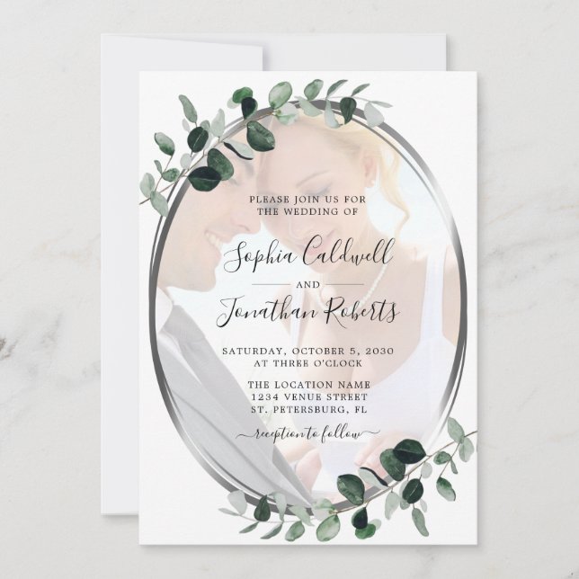 All in One Eucalyptus Photo Silver Wedding Invitation (Front)