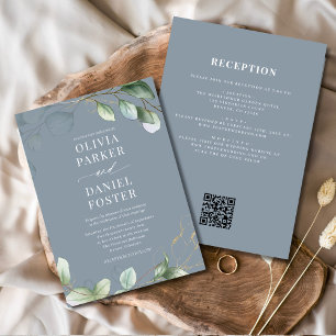 All in One Eucalyptus QR Code Dusty Blue Wedding Invitation