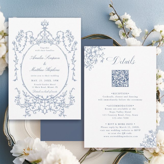 All in One Floral Frame Blue Wedding               Invitation (Front & Back)