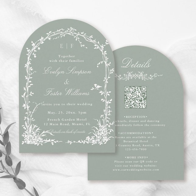 All in One Floral Garden Wedding Sage Green Arch Invitation (Front & Back)