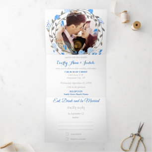 All in One French Blue Grey Floral Wreath Wedding Tri-Fold Invitation