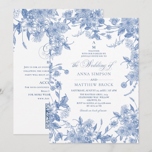 All in One French Blue Wild florals Wedding Invitation (Front/Back)