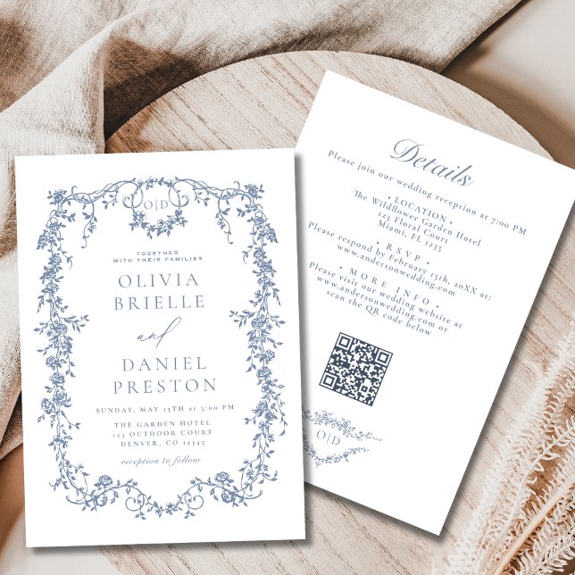 All In One French Dusty Blue QR Code Wedding Invitation (Creator Uploaded)