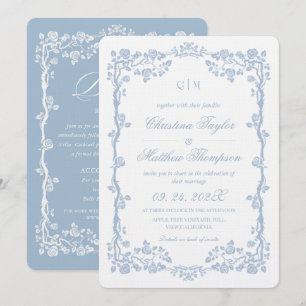 All in One French Floral Blue Wedding Invitation