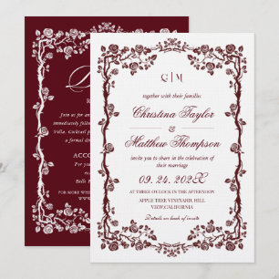All in One French Floral Burgundy Wedding Invitation