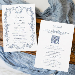 All in One French Victorian Blue Floral Wedding Invitation