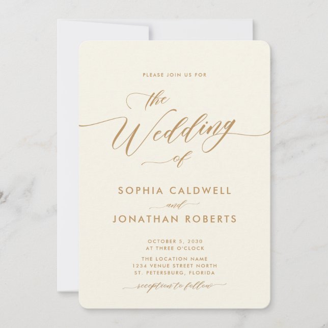 All in One Gold and Cream Calligraphy Wedding Invitation (Front)