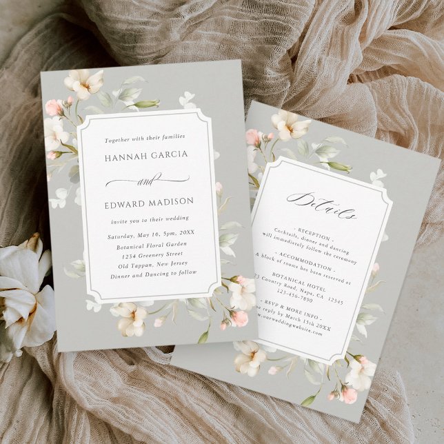 All In One Gray Sage White Elegant Floral Wedding Invitation (Creator Uploaded)