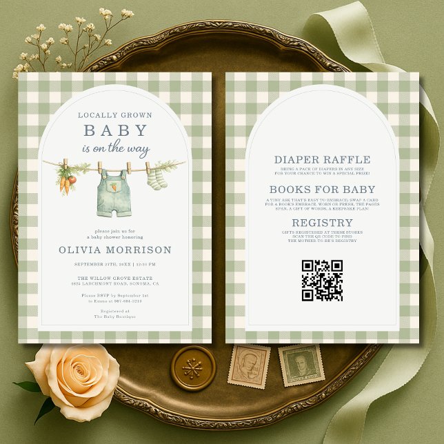 All in One Green Gingham Locally Grown Baby Shower Invitation (Creator Uploaded)