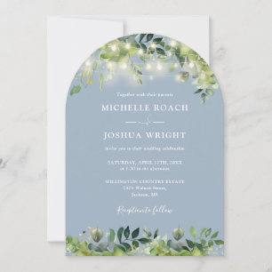 All In One Greenery Arch Lights Dusty Blue Wedding Invitation