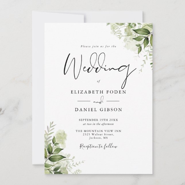 All In One Greenery Floral Script Wedding Invitation (Front)