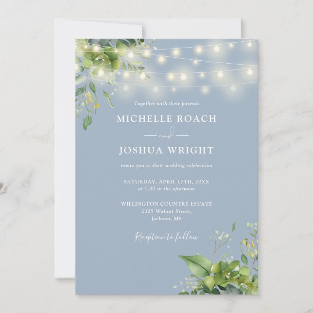 All In One Greenery Lights Dusty Blue Wedding Invitation (Front)