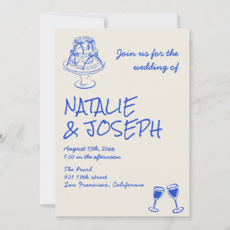 All In One Hand Drawn Blue Cake Bows Wedding  Invitation