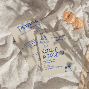 All In One Hand Drawn Blue Cake Bows Wedding  Invitation