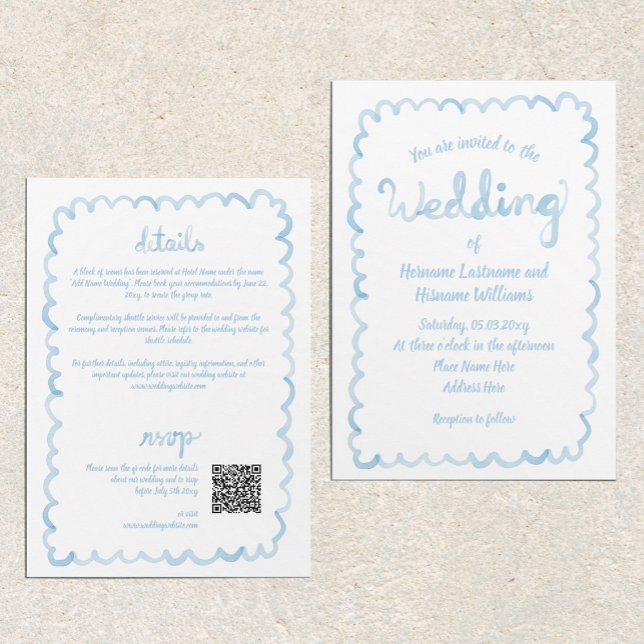 All In One Hand Drawn Light Blue QR RSVP Wedding Invitation (Creator Uploaded)
