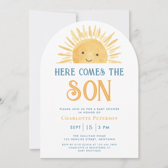 All In One Here Comes The Son QR Code Baby Shower Invitation (Front)
