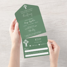 All In One Invitation Floral Cross Baptism Green