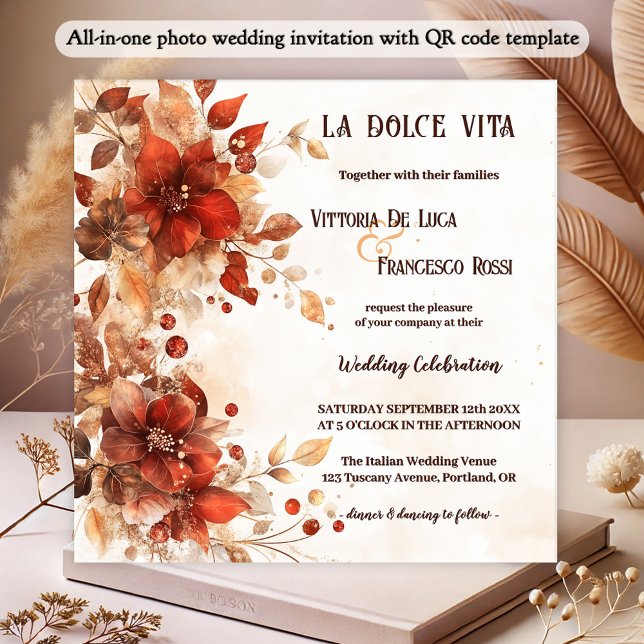 All-in-one Italian Red Flowers Wedding Invitation (All-in-one wedding invitation featuring watercolor flowers in Italian red and vibrant orange)