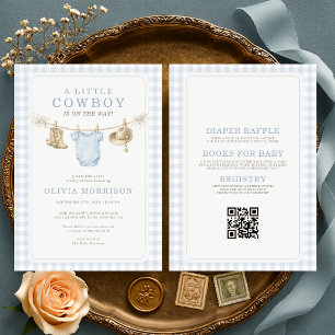 All in One Little Cowboy Gingham Blue Baby Shower Invitation