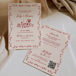All In One Maroon Hand Drawn QR Code Wedding Invitation