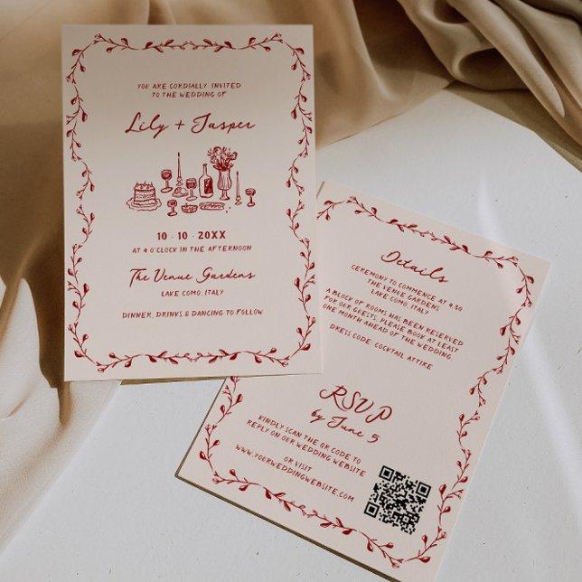 All In One Maroon Hand Drawn QR Code Wedding Invitation (Creator Uploaded)
