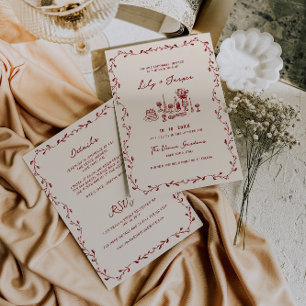 All In One Maroon Hand Drawn Wedding Invitation