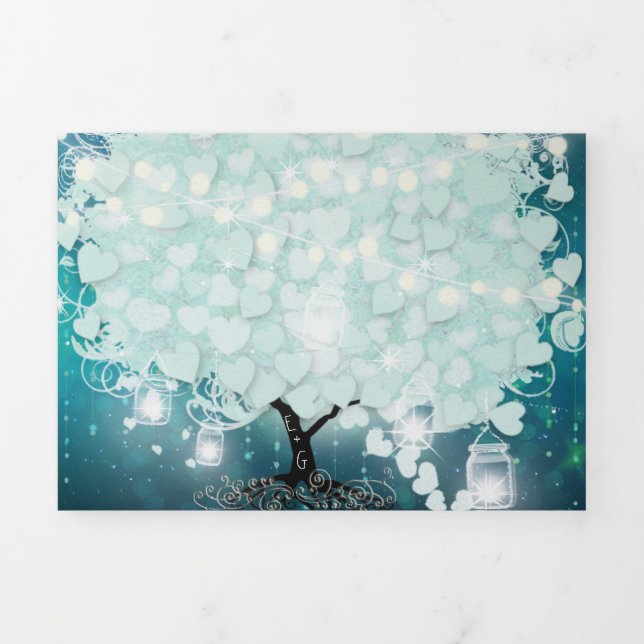 All In One Mint Blush Blue Heart Leaf Wedding Tri-Fold Invitation (Cover)