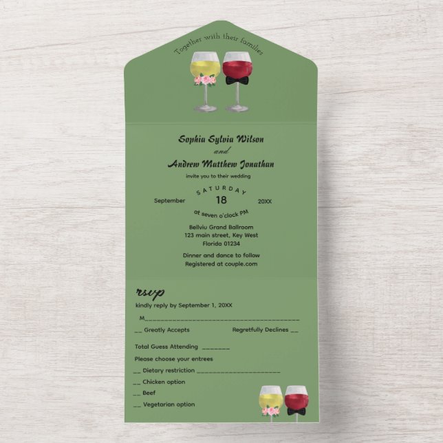 All in One Modern Boho Arch Couple Wine Wedding All In One Invitation (Inside)