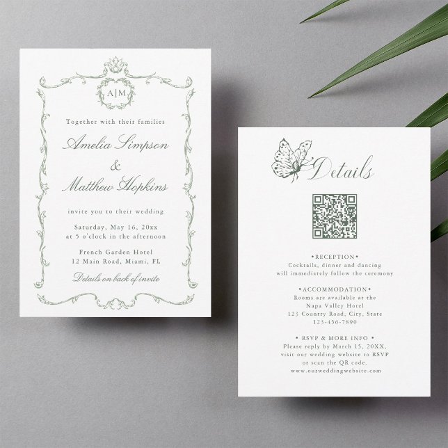 All in One Modern Classic Wedding Sage Green Invitation (Front & Back)