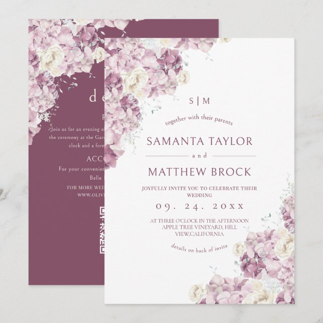 All in One Modern⎮Dusty Flowers Wedding Invitation (Front/Back)